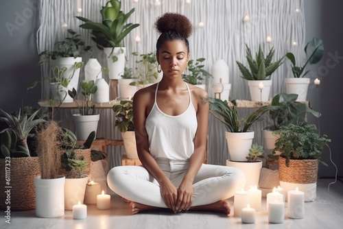 Young black woman sitting on the floor and meditating in a beautiful room in her home