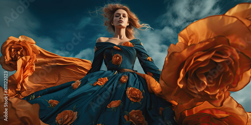 woman in a long, maxi orange floral flowy dress in the wind. Generative AI image.