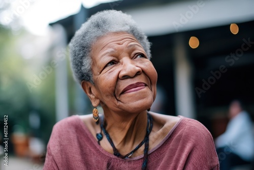 Close-up outdoor portrait of a thoughtful senior black woman, an emblem of middle-class black America, showcasing wisdom and resilience, generative ai