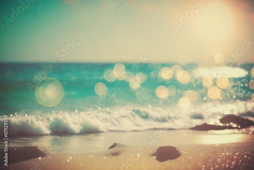 Background of a tropical beach with bokeh waves of light and the sun. Idea for an outdoor summer adventure excursion in the copy space. a color scheme with a retro tone filter. Generative AI