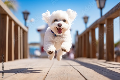 Medium shot portrait photography of a cute bichon frise jumping against beach boardwalks background. With generative AI technology