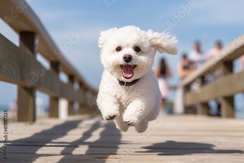 Medium shot portrait photography of a cute bichon frise jumping against beach boardwalks background. With generative AI technology