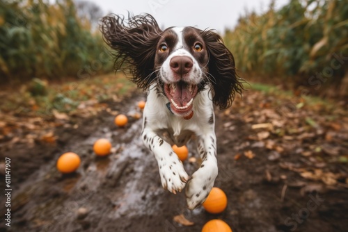 Full-length portrait photography of a funny english springer spaniel playing in the rain against pumpkin patches background. With generative AI technology
