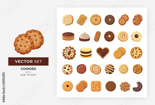 Cookies isometric set elements. Vector variety of pastries colorful flat illustration design for homemade and pastry bakery companies. Color Editable Eps 10. 