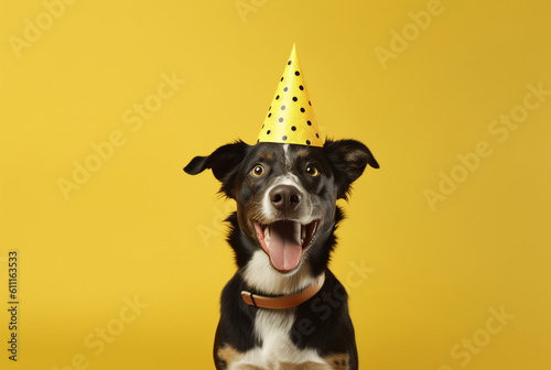 Dog wearing a party celebration hat on yellow background. Generative AI.