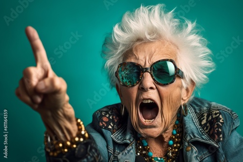 Medium shot portrait photography of a glad old woman making a rock on or rock horns gesture with the hand against a tropical teal background. With generative AI technology