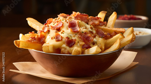 Delicious Gourmet French Fries, crispy bacon and melted cheddar on top. Generative AI.