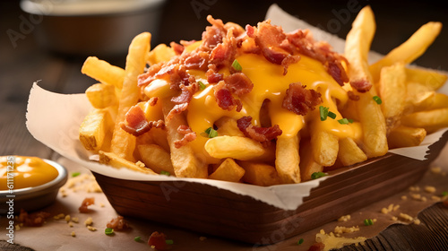 Perfect Crisp French Fries, crispy bacon and melted cheddar on top. Generative AI.