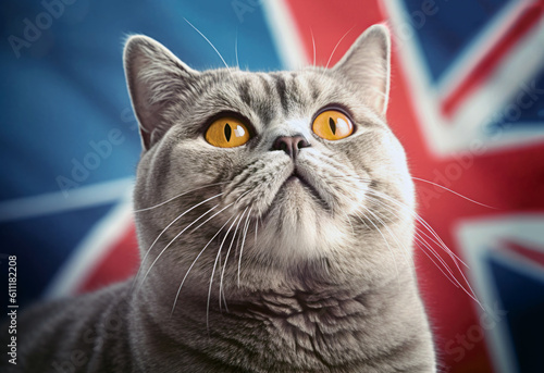 British Gray Cat on a British Flag background, Generative AI