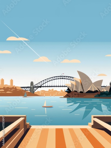 Sydney city skyline. Opera House, Harbour Bridge view. Colourful vintage poster, banner, card. Minimalist retro design. AI digital illustration.