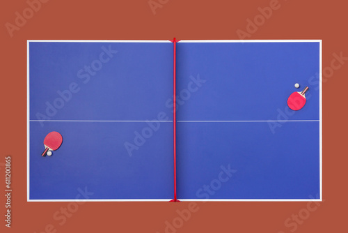 table tennis or ping pong table with racket and ball top view.