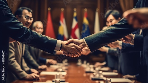 country leaders shaking hands at an international conference, Generative AI