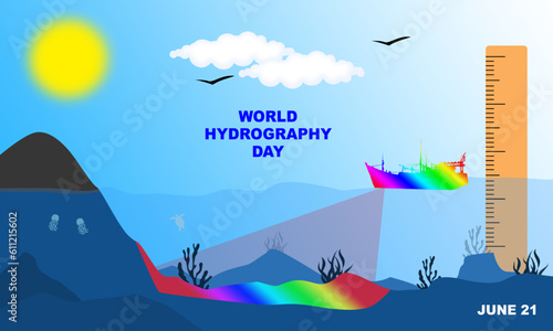 a ship measuring and charting the depths of the ocean with outline icons and an underwater scene on a sunny day. commemorate WORLD HYDROGRAPHY DAY on June 21 