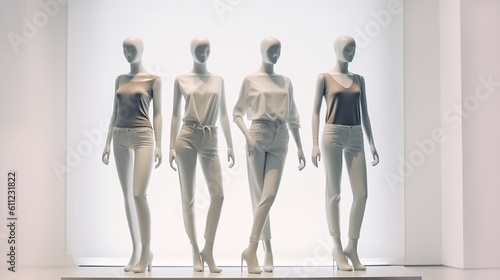 Female mannequins on a white background. Shop window. Women dolls. Fashion. Generative Ai