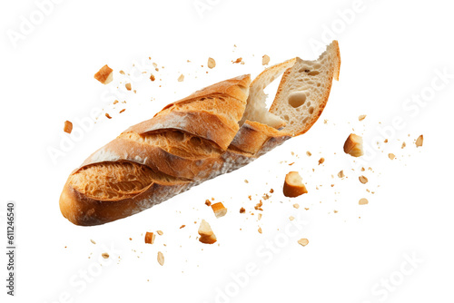 Baguette bread with falling crumbs isolated on transparent or white background, png