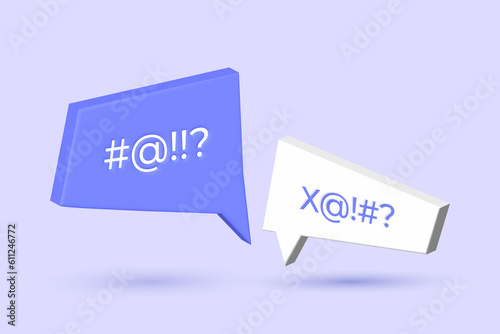Two volume speech bubbles with quarreling symbols. Swearing censored concept in cyberspace and online communication. Internet bullying and insult.