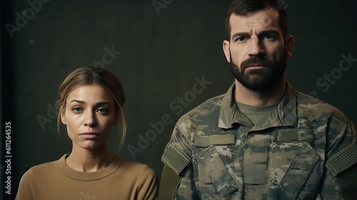 Military man and woman in uniform looking at camera on dark background, sad quarrel couple. Generative AI.