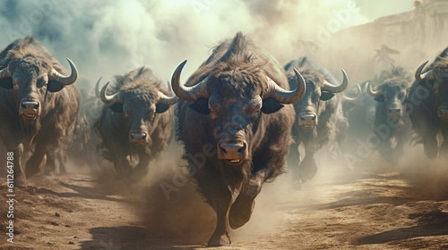 Buffaloes running with dust. Generative Ai