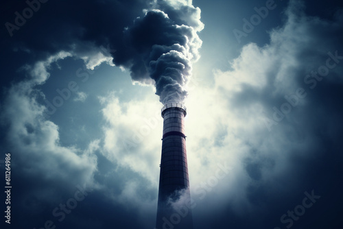 Smokestack emitting dark plumes into the sky, Climate change and environmental degradation, climate change, pollution, bokeh Generative AI