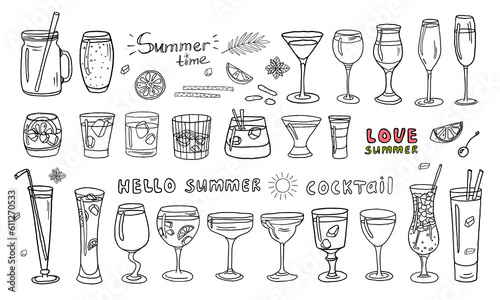 Trendy big set with acoholic and non-acoholic cocktails with ice cubes, mint, fruits and text. Great for bar menu design, packaging. Vector illustration. Doodle style. Isolated on white background