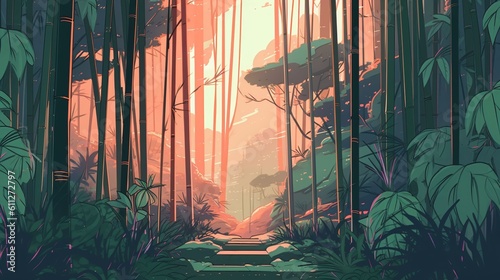 Lofi forest landscape wallpaper background design, anime manga style illustration art, Generative AI