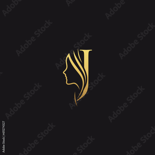 gold colored initial j combined with female face indicating beauty use for salon, hair, business, logo, design, vector, company, branding, and more