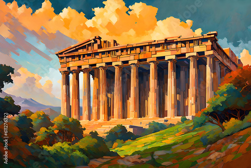 In this beautifully depicted illustration, the Parthenon emerges as a symbol of classical beauty and cultural heritage, transporting you to the golden age of Athens. | Generative AI