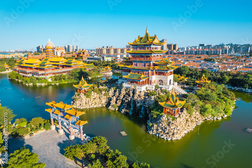 Aerial photography of the scenery of the three immortal mountains by the sea in Penglai, Shandong Province