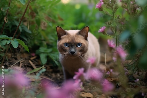 Medium shot portrait photography of a cute burmese cat exploring against a lush flowerbed. With generative AI technology