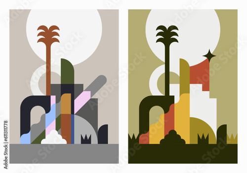 Flat vector illustration of an exotic minimalist landscape with sober and geometric architectural elements, for poster, cover, print, card or wall art.
