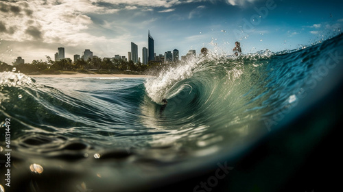 Waves breaking at Burleigh Heads on the Gold Coast with the Surfers Paradise skyline in the background