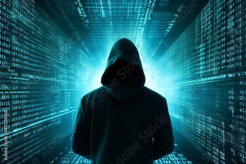 A hacker silhouette with binary code and digital effects in the background, computer technology, IT technology Generative AI