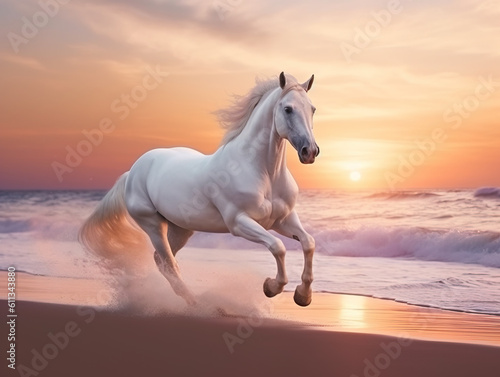 Beautiful white horse galloping along the beach. Generative AI.