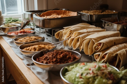 buffet full of burritos, tacos, and nachos for guests to choose from, created with generative ai