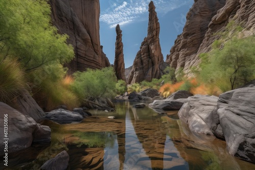 natural rock formations towering over a serene stream, created with generative ai