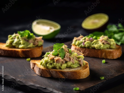 Tuna sandwiches with avocado and parsley on wholemeal bread, wooden background. Generative AI