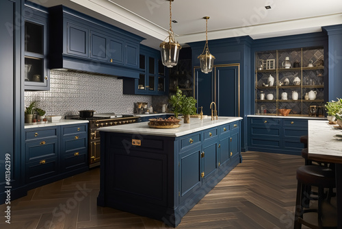 Dark blue kitchen decor, interior design and house improvement, classic English in frame kitchen cabinets, countertop and applience in a country house, generative ai