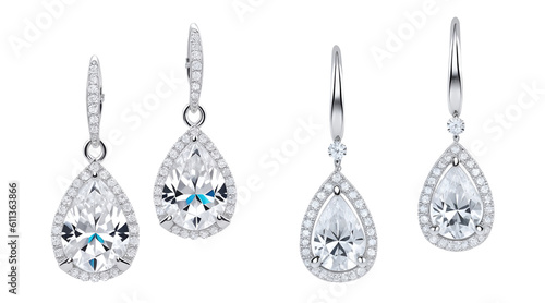 Set of beautiful diamond earrings isolated on transparent background. Generative AI