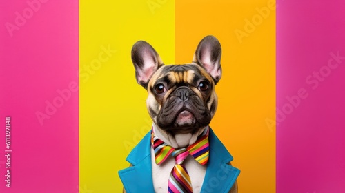 Banner adorable dog french bulldog breed making angry face and serious face on colorful background, Happy dog smile ready to summer, Purebred Dog Concept