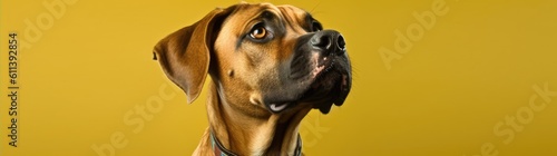 Banner adorable dogbreed making angry face and serious face on yellow and green background, Happy dog smile ready to summer, Purebred Dog Concept