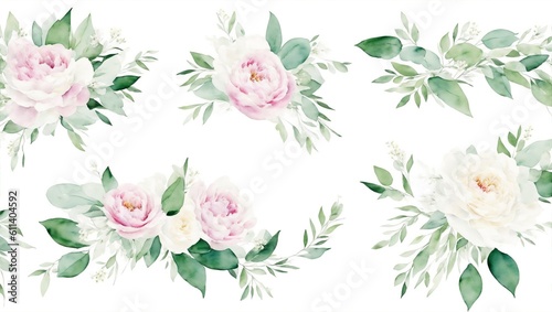 Bouquets and wreath. White flowers, rose, peony, green leaf branches collection. Wedding invites, wallpapers, fashion. Eucalyptus olive leaves chamomile, generative ai