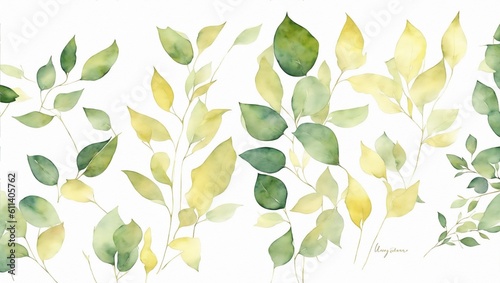 Watercolor floral illustration set - green gold leaf branches collection, for wedding stationary, greetings, wallpapers, fashion, background. Eucalyptus, olive, leaves. Generative ai
