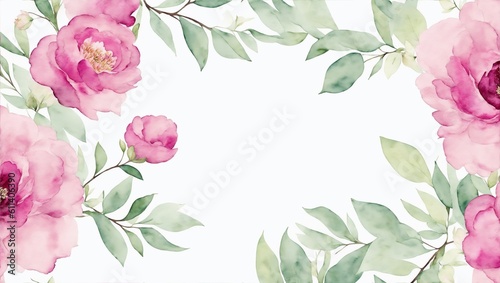 Watercolor floral seamless border green leaves, burgundy maroon pink peach blush white flowers leaf branches. Wedding invitations, greetings wallpapers. Eucalyptus, olive, rose, peony, generative ai