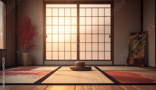 a japanese room with a tall window Generative AI