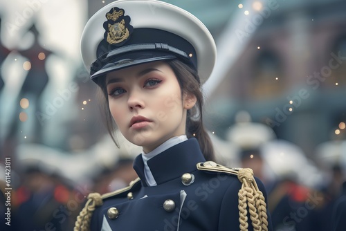 a girl in a royal navy uniform is during an armed force parade. generative AI