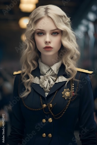 a girl in a royal navy uniform is during an armed force parade. generative AI