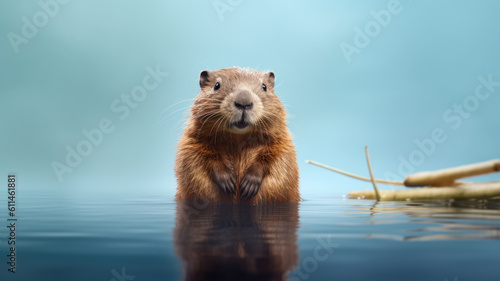 Advertising portrait, banner, serious beaver standing in the water looking to the camera isolated