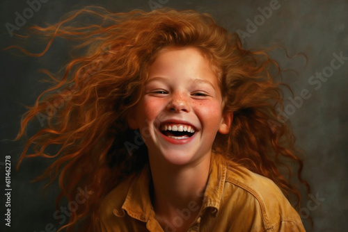 Beautiful red-haired girl with a smile. Advertisement. AI generated