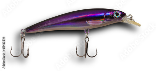 Fishiing lure with two treble hooks that is purple and shadow behind