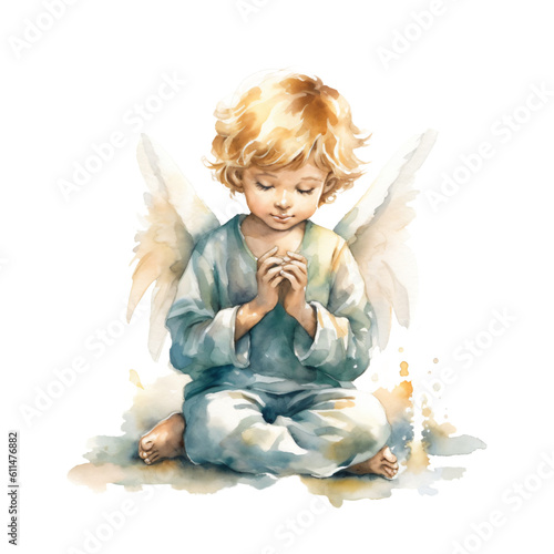 small cute angel kneeling at pray ein watercolor design isolated against transparent